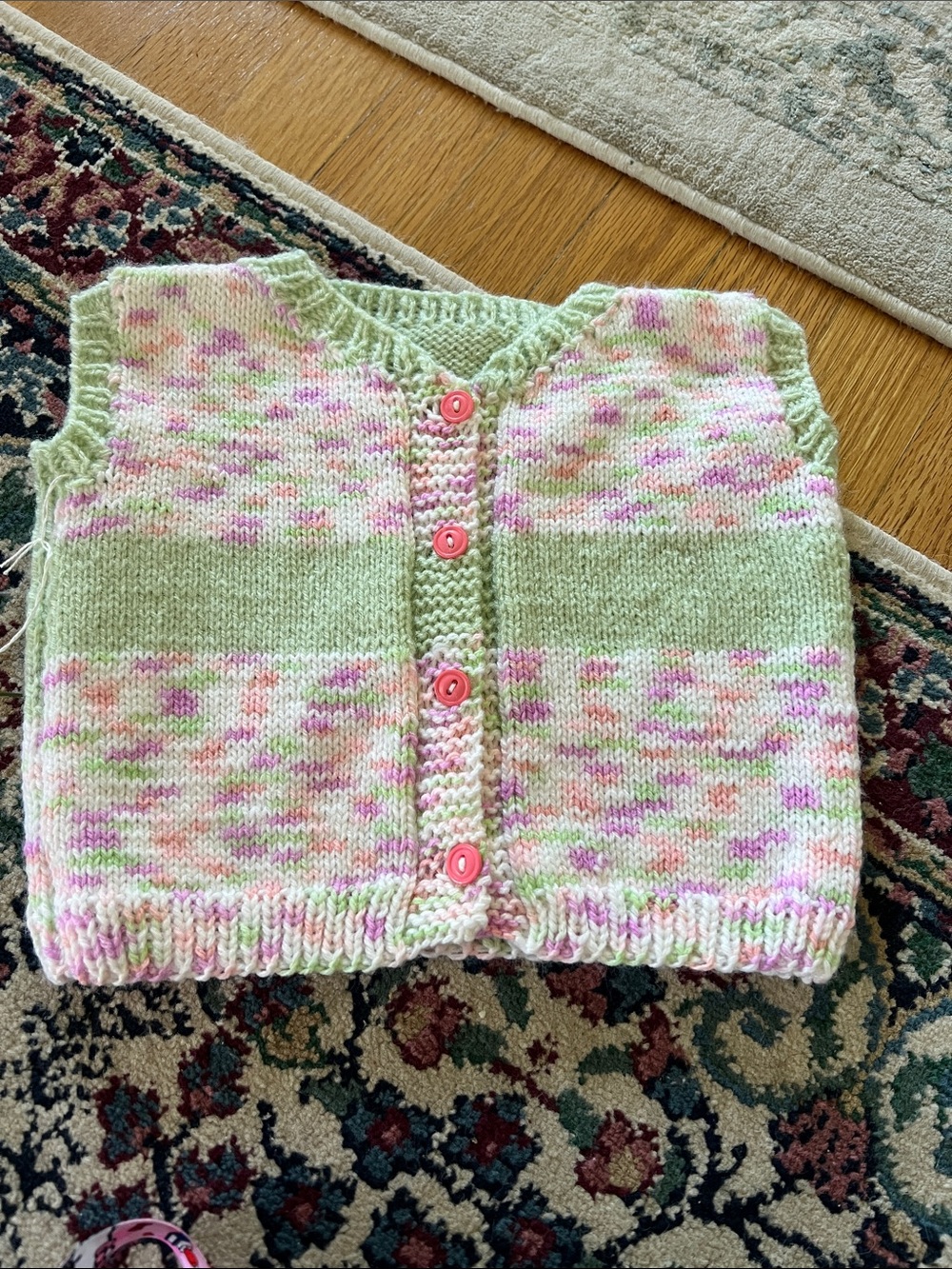 Handknit Baby Vest in Pastel Green & Pink